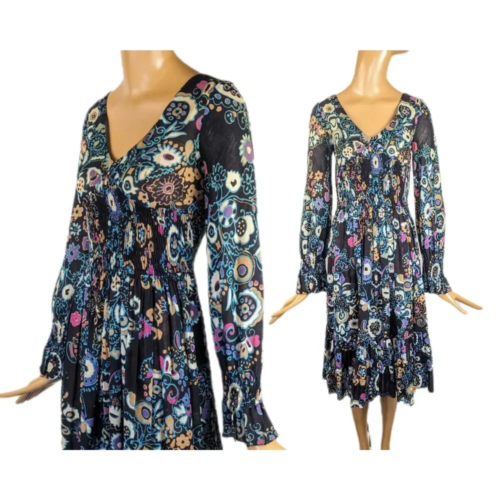 1960s dark floral psychedelic long sleeve minidress vintage bell sleeve‎ flare
